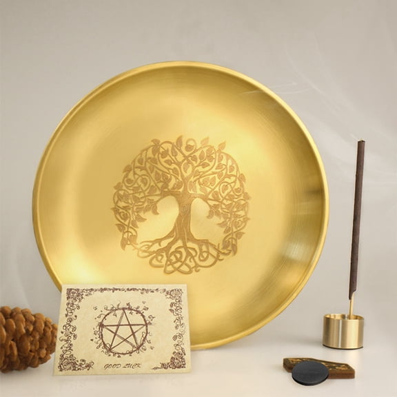 2sets Tree of Life Pattern Flat Round 201 Stainless Steel Candle Holders with Magnet Pentacle Parchment Paper 9-Hole Incense Holder Home Tabletop Centerpiece Golden 14.5x14.5x1.7cm