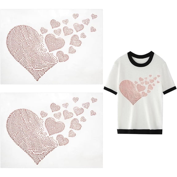 2sheets 2pcs Iron On Crystal Rhinestone Appliques Bling Pink Heart Hotfix Glitter Crystal Pattern Decoration Shiny Round Glass Rhinestone Transfers for DIY Costume T-Shirt Wedding Dress