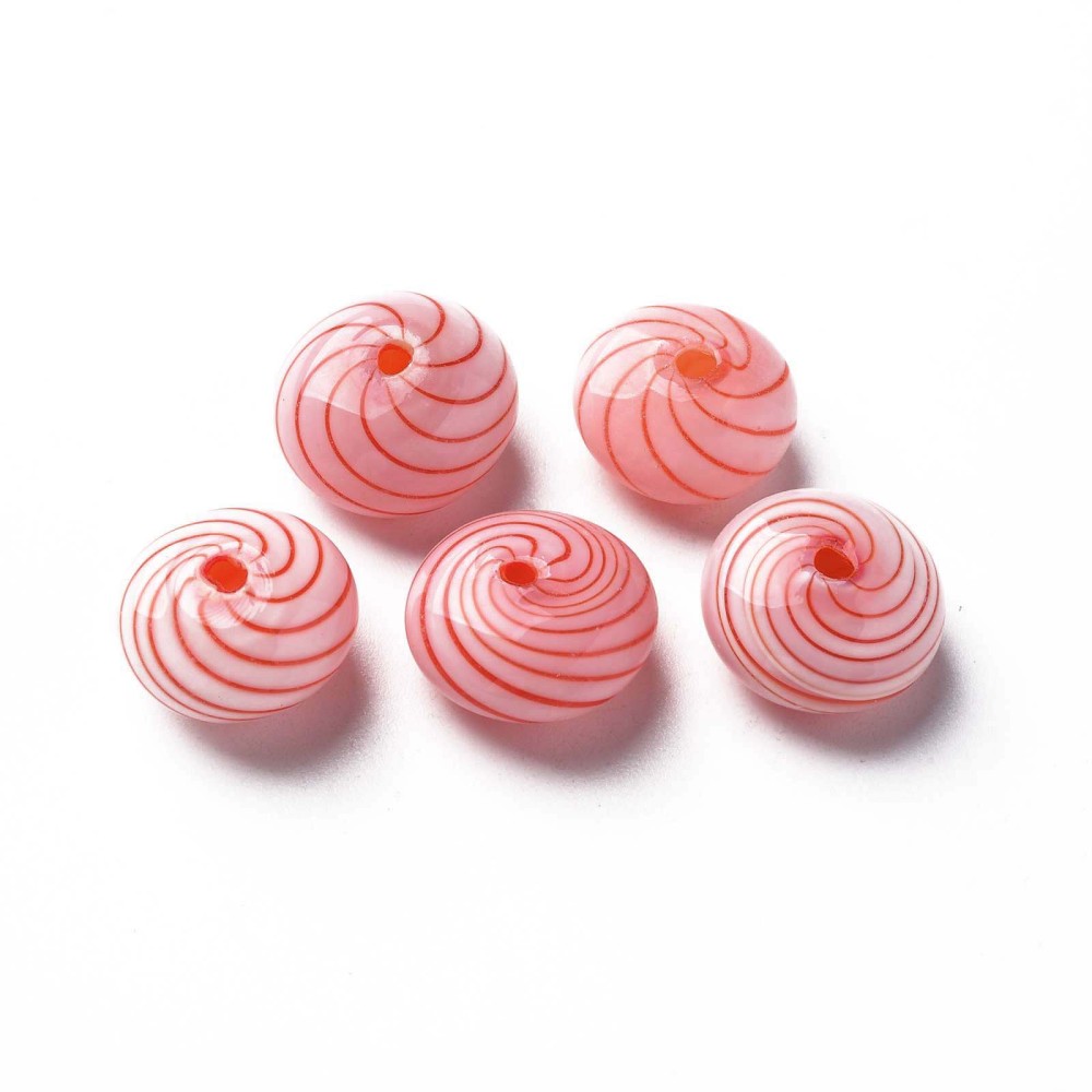 2strands Handmade Blown Glass Globe Beads Stripe Pattern Flat Round Red ...