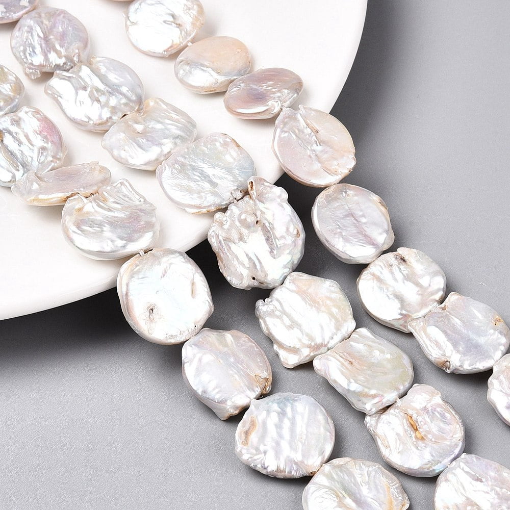 2strands Natural Baroque Keshi Pearl Beads Strands Button Shape Flat Round Seashell color 19~26x18~26x4~9mm Hole 0.6mm 19~20pcs/strand 15.35~16inch