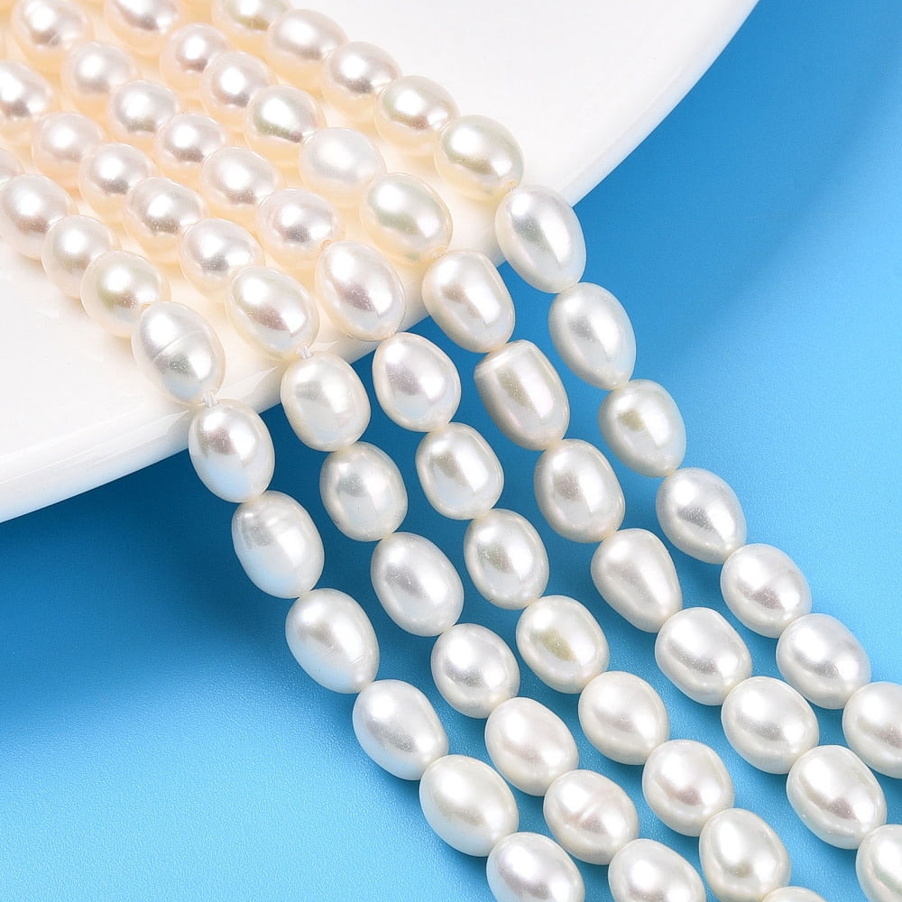 2strands Natural Cultured Freshwater Pearl Beads Strands Rice Creamy White 7~8x5.5~6mm Hole: 0.6mm about 26~27pcs/strand 7.68~7.87''(19.5~20cm)
