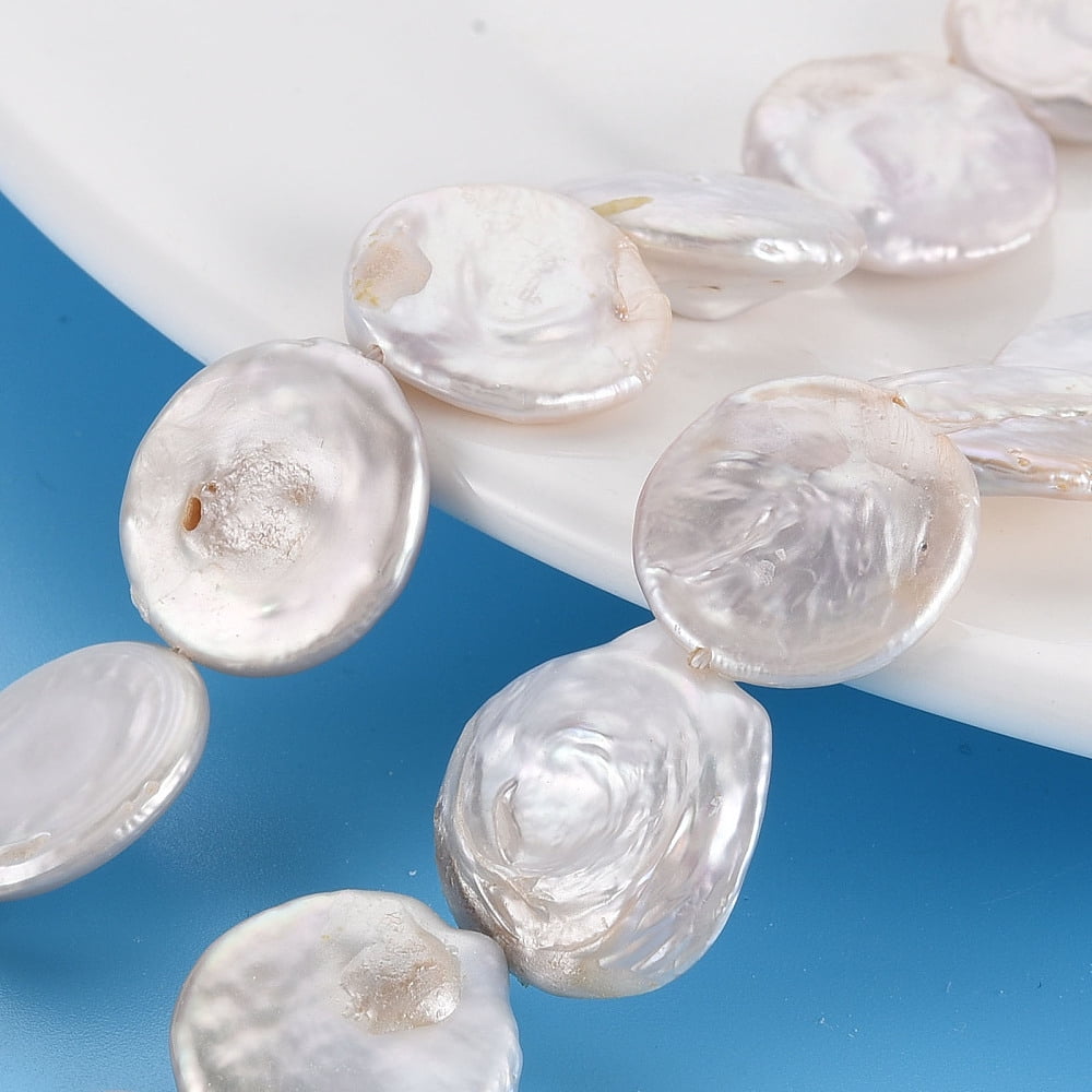 2strands Natural Keshi Pearl Beads Strands Cultured Freshwater Pearl Flat Round Seashell color 16~18x3~8mm Hole: 0.6mm about 22~23pcs/strand 14.57~15.35 inch(37~39cm)