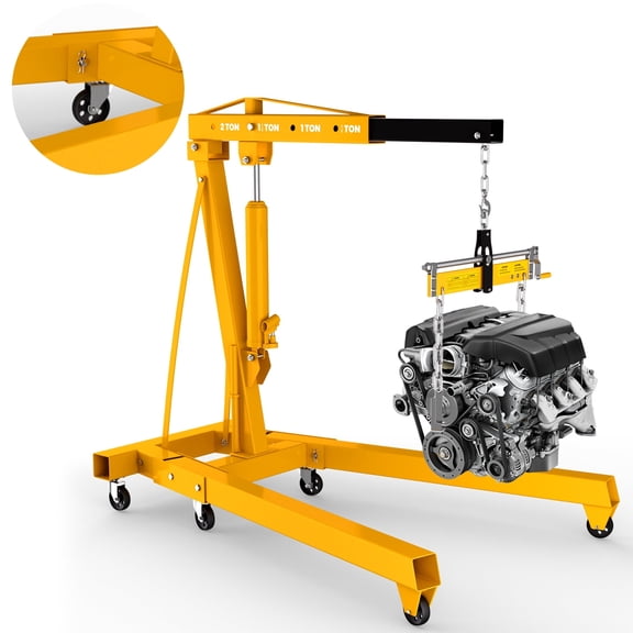 2ton Yellow Folding Crane, 4000lbs Hydraulic Engine Hoist with 4-position Adjustable Boom, Mobile Engine Shop Hoist Lift with Universal Castors & Reinforced Base for Auto Repair, Garage Workshop