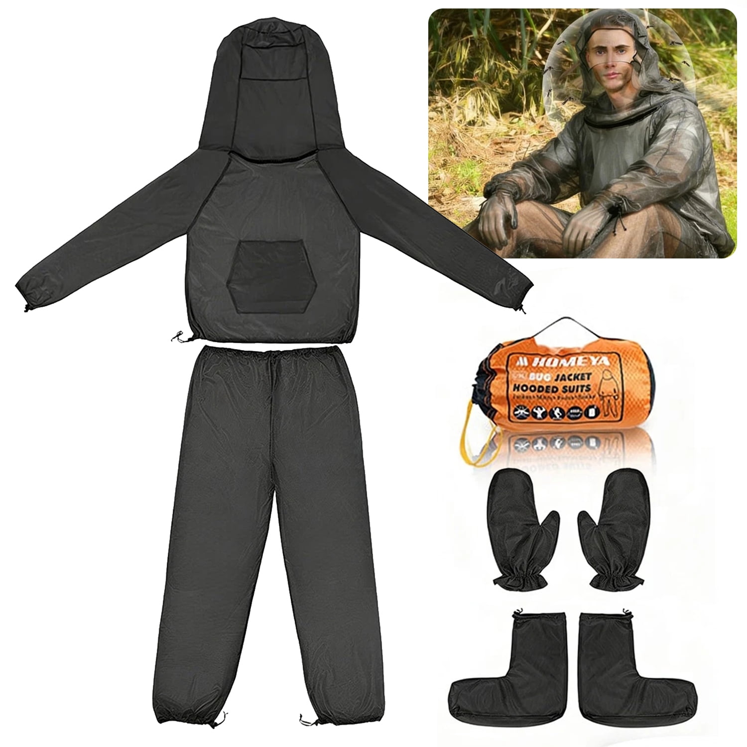 2win2buy Mosquito Suit, Bug Net Jacket with Hood & Pants Mitt Socks ...