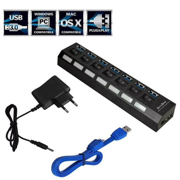 2win2buy Powered USB Hub Splitter 7 Port USB 3.0 with Individual Switches & Power Adapter Aluminum USB Port Expander for Laptop/PC/PS4/Slim/Pro Hub