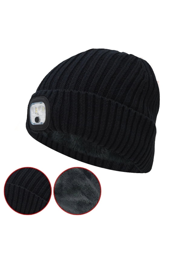 Unisex Warm Winter Knit Beanie Hat with LED Light USB Rechargeable Headlamp Cap, Black