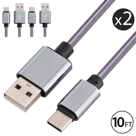 2x 10FT USB Type C Cable Fast Charging Cable USB-C Type-C 3.1 Data Sync Charger Cable Cord For Samsung Galaxy S9 S9+ Galaxy S8 S8 Plus Nexus 5X 6P OnePlus 2 3 LG G5 G6 V20 HTC M10 Google Pixel XL