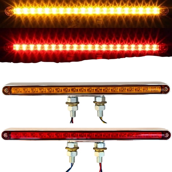 2x 12" Red/Amber LED Double Face Truck Semi Trailer Pedestal Single Stud Mount Light Bars 38 LED Waterproof Sealed 4 Function Sequential Flow Turn Signal Stop Tail Strobe Marker Clearance 10-30V