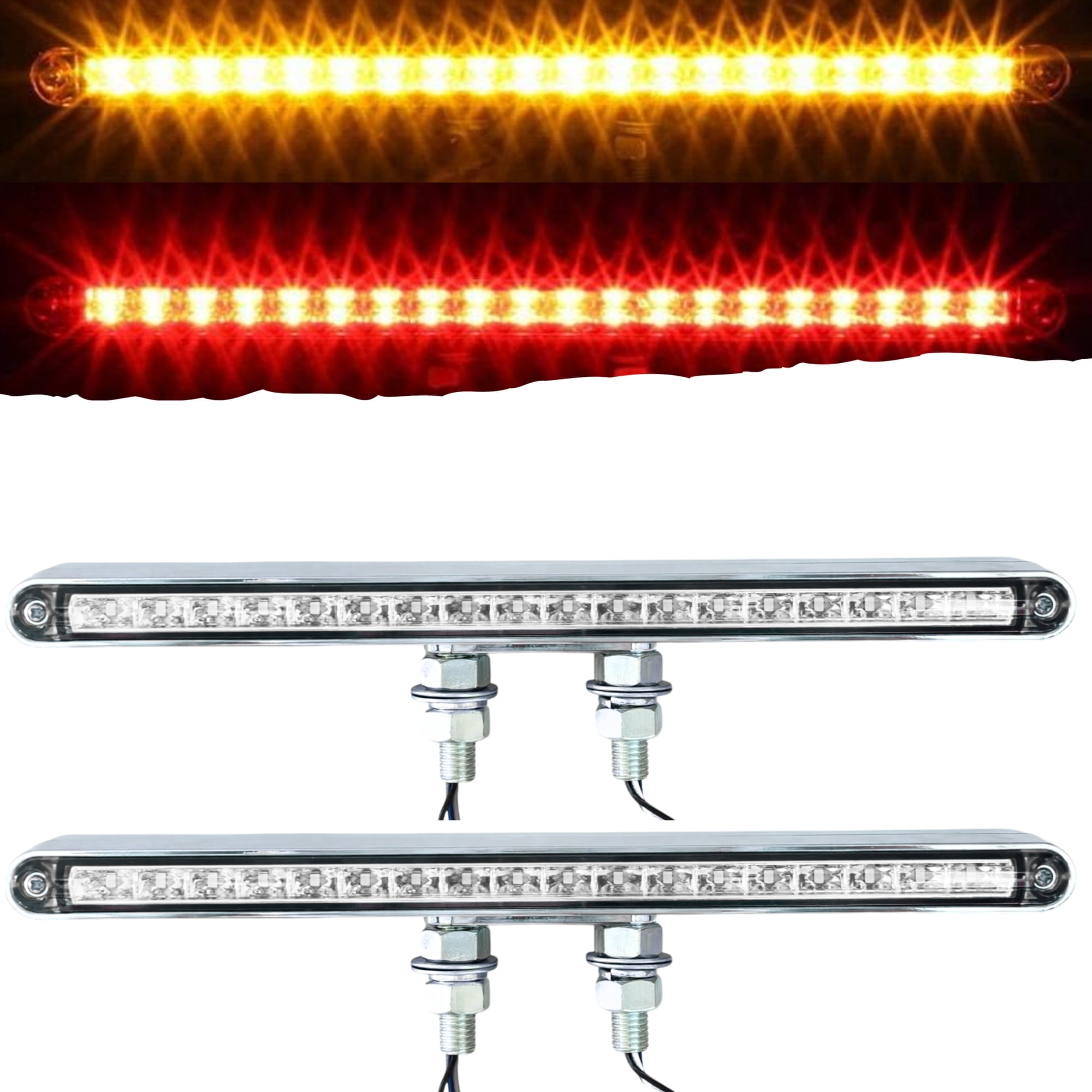 2x 12" Red/Amber LED Double Face Truck Semi Trailer Pedestal Single Stud Mount Light Bars 38 LED Waterproof Sealed Sequential Flow Turn Signal Stop Tail Strobe Marker Clearance 10-30V (Clear Lens)