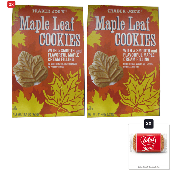 2x | 2 Pack Trader Joes Maple Leaf Cookies & 2x Lotus Biscoff Cookies 0.2oz