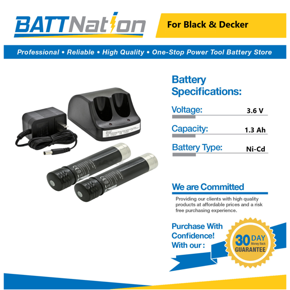2x 3.6V 1.3Ah NiCd Battery for Black & Decker VP100 + 1x Dual Port Charger