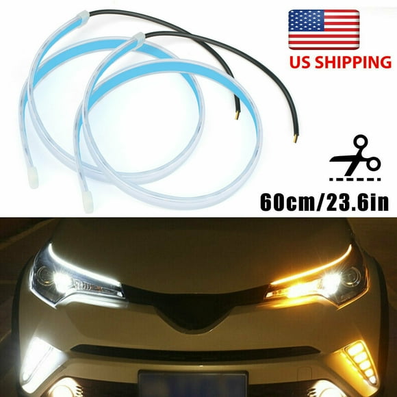 2x 60cm LED Car DRL Headlight Tube Light Strip Flexible White Amber Turn Signal