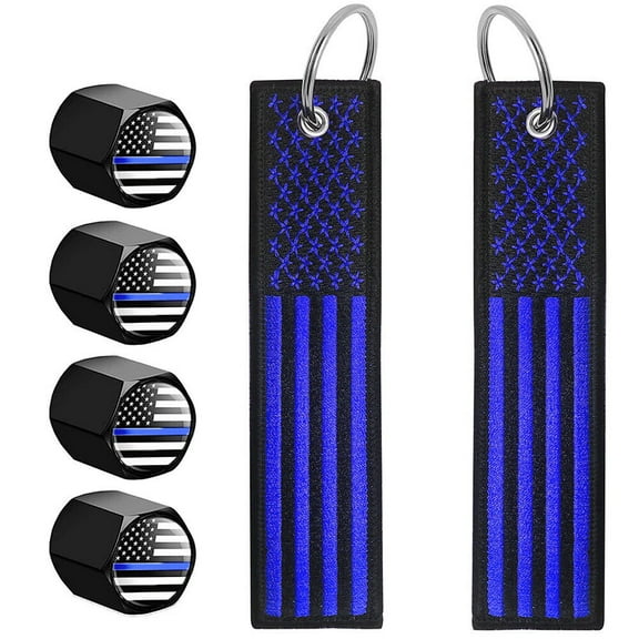 2x American Flag Keychain Tag + Key Ring Police Blue Line & 4x Valve Stem Cap