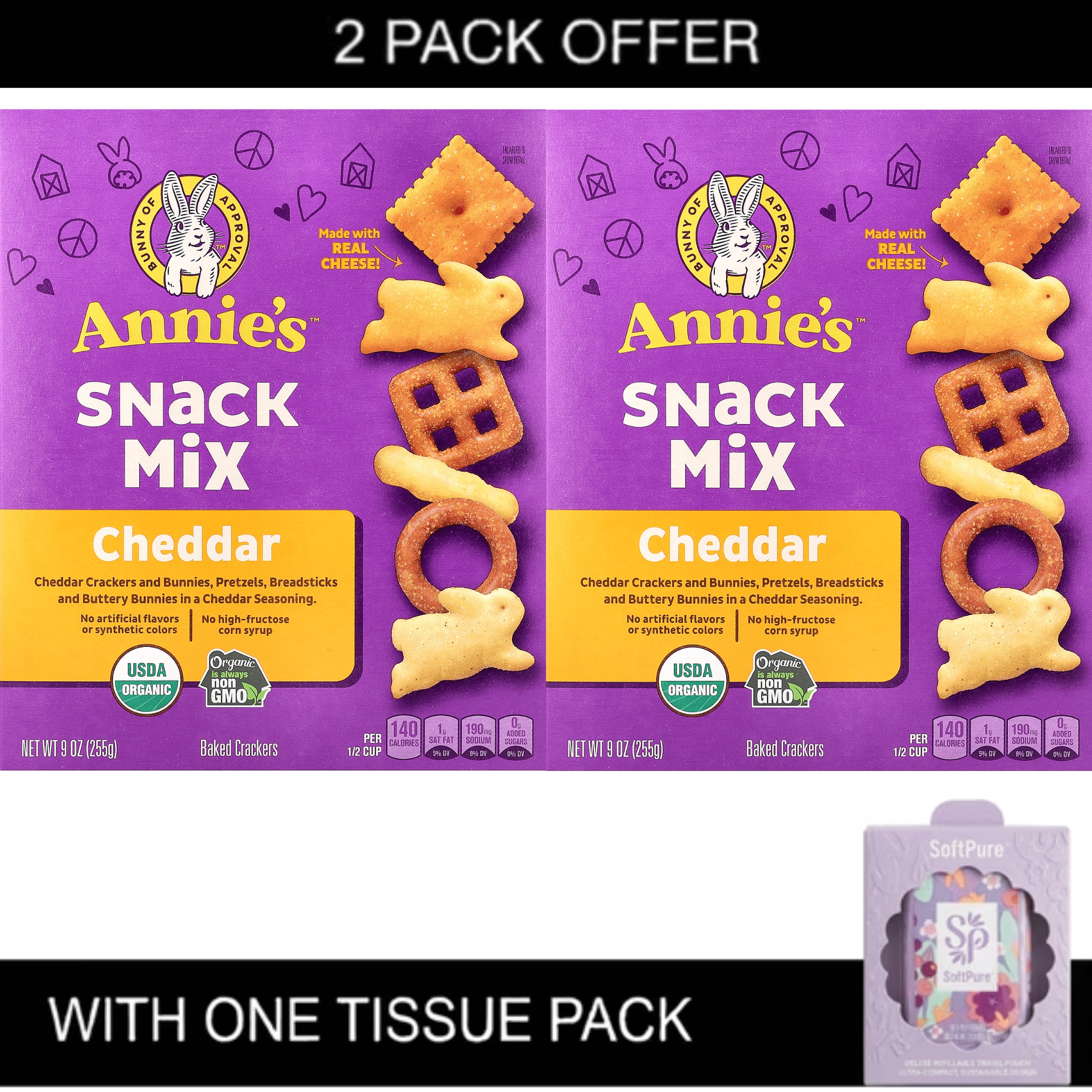 2x Annie's Organic Cheddar Snack Mix, 9 oz & Tissue Pack & Tissue Pack ...