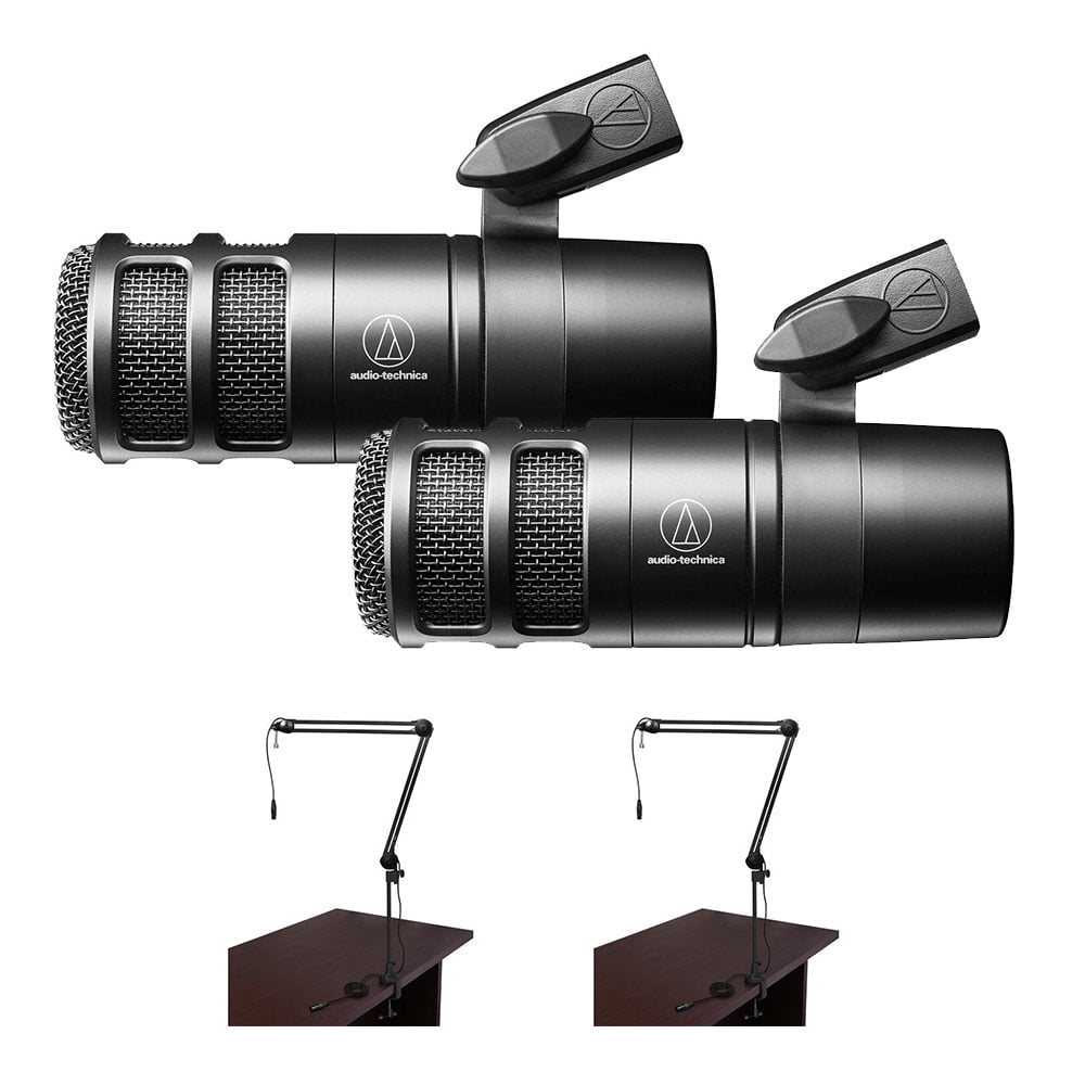 2x Audio-Technica AT2040 Hypercardioid Dynamic Podcast Microphone (AT 2040) Bundle with 2x 2-Section Broadcast Arm Internal Spring-XLR