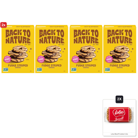2x | Back To Nature - Fudge Striped Cookies - Made With Ingredients Like Wheat Flour - Vegan And Non-Gmo - Seriously Tasty Snack - 7.7 Ounce (Pack Of 2) & 2x Lotus Biscoff Cookies 0.2oz