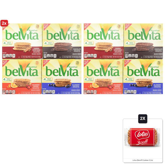 2x | Belvita Breakfast Biscuits Variety Pack - Blueberry, Chocolate, Cinnamon Brown Sugar & Cranberry Orange (1) 8.8 Oz. Box Of Each Flavor (Bundle Of 4) & 2x Lotus Biscoff Cookies 0.2oz