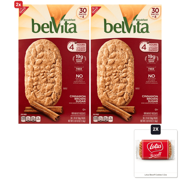 2x | Belvita Brown Sugar Biscuits 1.76 Oz 30 -Count Pack, Cinnamon, 52.8 Ounce, (Pack Of 4) & 2x Lotus Biscoff Cookies 0.2oz