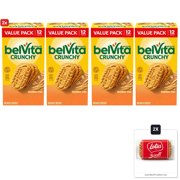 2x | Belvita Golden Oat Breakfast Biscuits, Value Pack, 24 Packs (4 Biscuits Per Pack) & 2x Lotus Biscoff Cookies 0.2oz