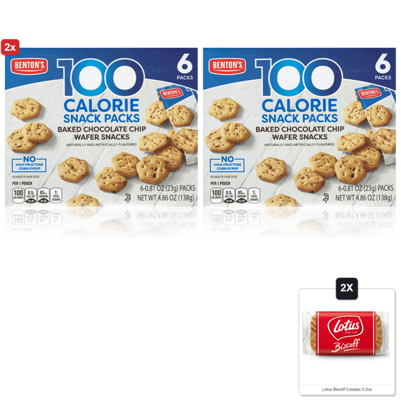 2x | BentonS 100 Calorie Baked Wafer Snack Packs (1 Box, Chocolate Chip) & 2x Lotus Biscoff Cookies 0.2oz