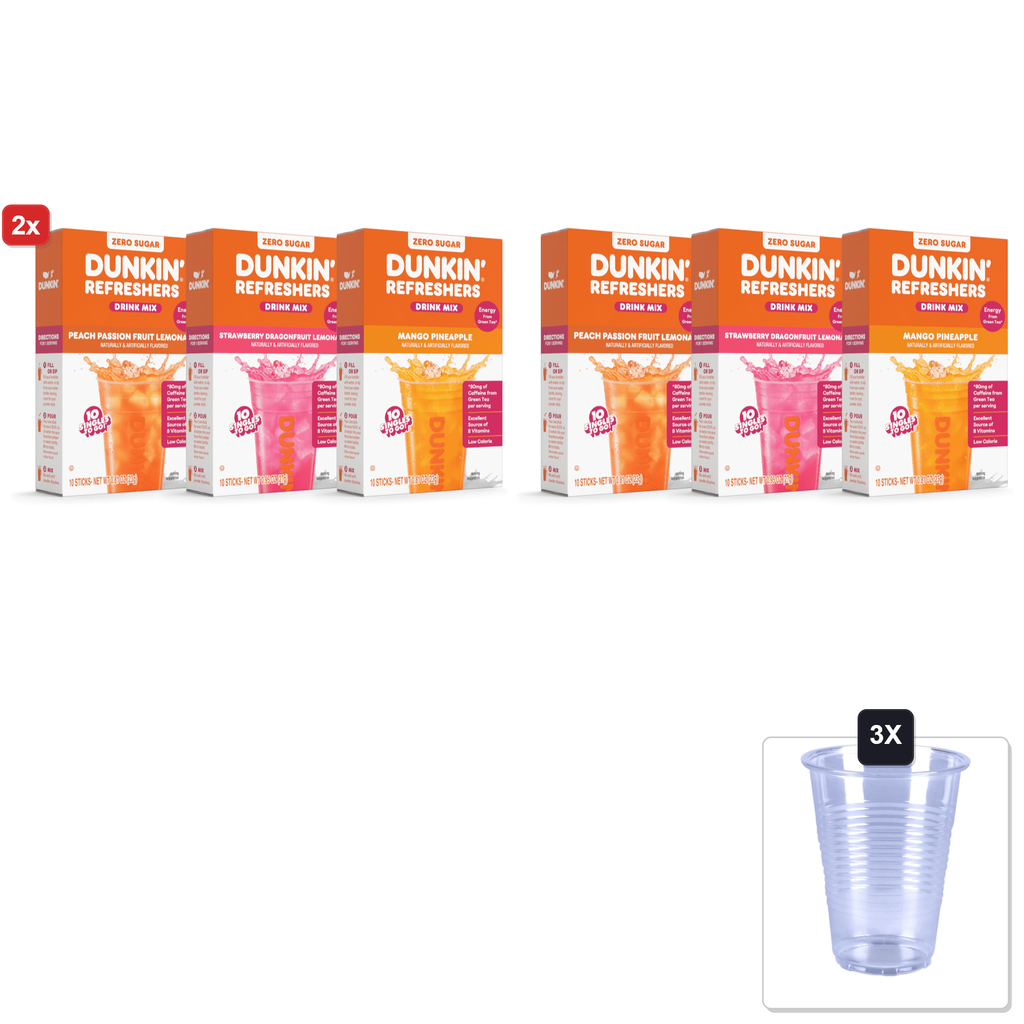 2x | Bundle Of Dunkin’ Refreshers Singles To Go! Powdered Drink Mix Packets, 3 Flavor & 3x 16oz Plastic Cup with Strawless Sip-Lid