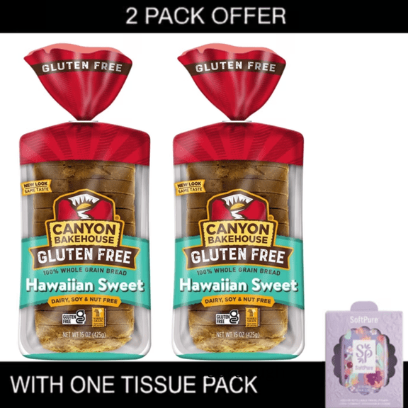 2x Canyon Bakehouse Hawaiian Sweet Gluten Free Bread, Fresh 15oz Loaf with tissue pack