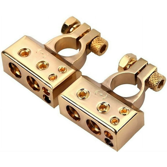 2x Car Battery Terminal Positive & Negative Gold 4/8 Awg Gauge Plated Clamps