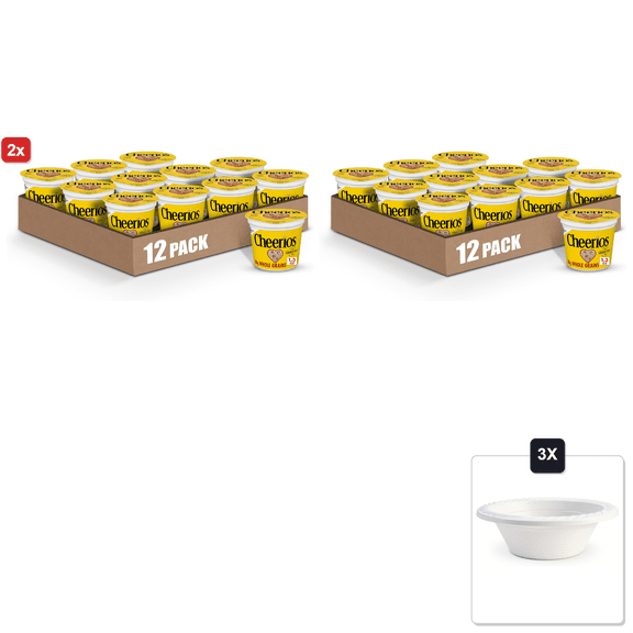 2x | Cheerios Breakfast Cereal Cup, Single Serve Cereal, 1.3 oz (Pack Of 12) & 3x 12oz Disposable Plastic Bowl