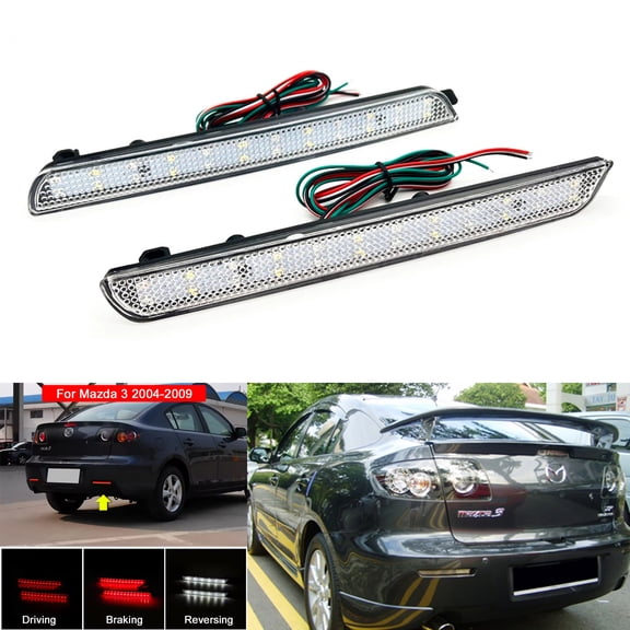 2x Clear Lens LED Bumper Reflector Backup Tail Brake Light  Lamps For 2004-2009 Mazda 3 Mazdaspeed3