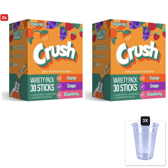 2x | Crush Singles Berry Punch. Grape, Orange To Go Sugar Free Drink Mix Variety Pack 2.64 Oz 30 Sticks & 3x 16oz Plastic Cup with Strawless Sip-Lid