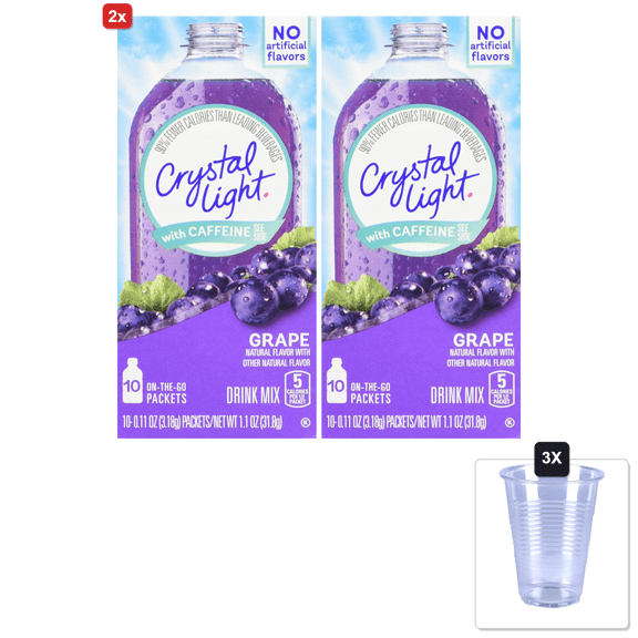2x | Crystal Light On The Go Energy Grape - Caffeine Energy Releasing, 10-Packet Boxes (Pack Of 4) & 3x 16oz Plastic Cup with Strawless Sip-Lid