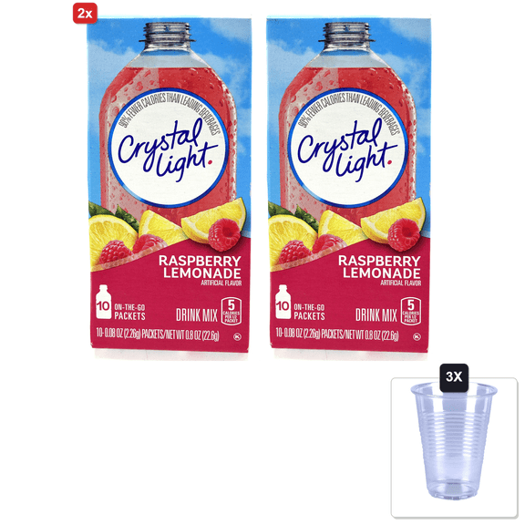2x | Crystal Light On The Go Raspberry Lemonade, 10-Packet Boxes (Pack Of 4) & 3x 16oz Plastic Cup with Strawless Sip-Lid