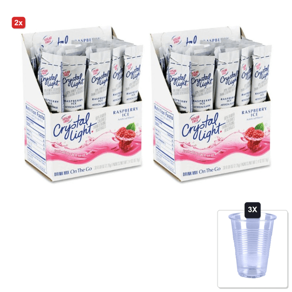 2x | Crystal Light On The Go Sticks - 20Oz Water Bottle Size - 30Ct Boxes (Pack Of 4) - Raspberry Ice & 3x 16oz Plastic Cup with Strawless Sip-Lid