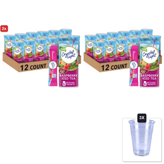 2x | Crystal Light Raspberry Iced Tea Naturally Flavored Powdered Drink Mix, 72 Ct Pack, 12 Canisters Of 6 Pitcher Packets & 3x 16oz Plastic Cup with Strawless Sip-Lid