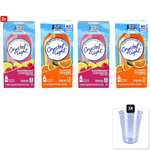 2x | Crystal Light Vibrant Refreshment Pack (Raspberry Lemonade + Classic Orange) (Variety Pack) & 3x 16oz Plastic Cup with Strawless Sip-Lid