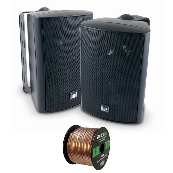 2x Dual Electronics LU47PB 4 Inch 100-Watt 3-Way Indoor / Outdoor High Performance Bookshelf Studio Monitor Black Speakers w/ Swivel Brackets, Enrock 16-G 50 Ft Audio Speaker Wire