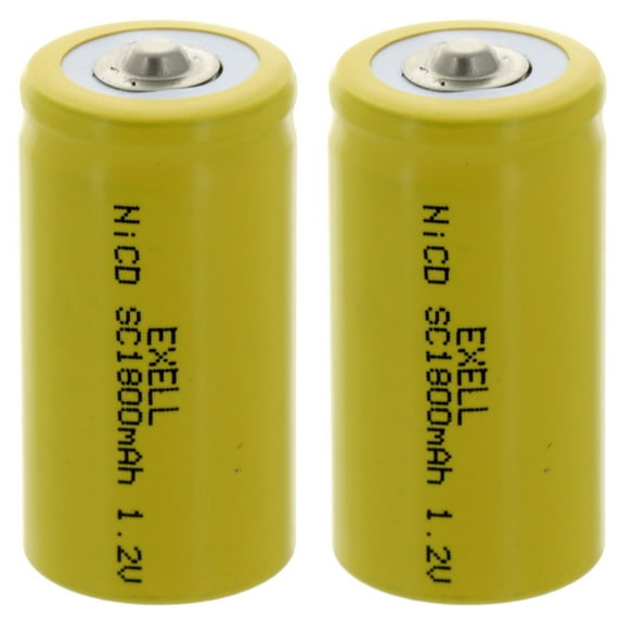 2x Exell SubC 1.2V 2000mAh NiCD Button Top Rechargeable Batteries