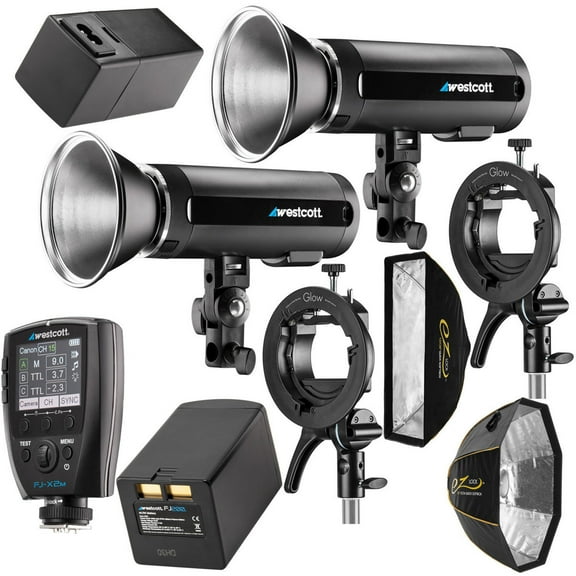 Westcott 2x FJ200 200Ws Strobe with DC Battery - Bundle With Westcott Wireless Flash Trigger, 2x Glow Round Flash S-type Bowen s Mount Bracket, Quick Strip Softbox, Quick Octa Large Softbox, And More