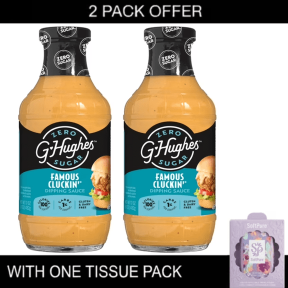 2x G Hughes Zero Sugar Famous Cluckin' Dipping Sauce, 17 oz with tissue pack