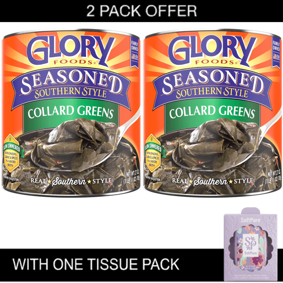 2x Glory Foods Canned Seasoned Collard Greens, 27 oz Can with Tissue Pack