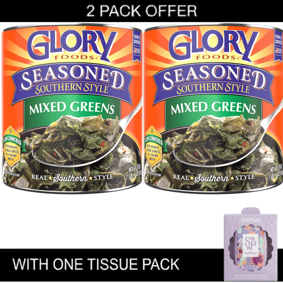 2x Glory Foods Seasoned Southern Style Mixed Greens, Canned Vegetables, 27 oz , Can with Tissue Pack