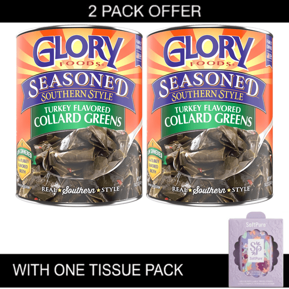 2x Glory Foods Seasoned Southern Style Turkey Flavored Collard Greens, Canned Vegetables, 14.5 oz with Tissue Pack
