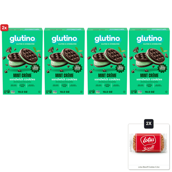 2x | Glutino Gluten Free Mint Flavored Sandwich Cookies, Gluten Free Snacks, 10.5 Oz. (Pack Of 2) & 2x Lotus Biscoff Cookies 0.2oz