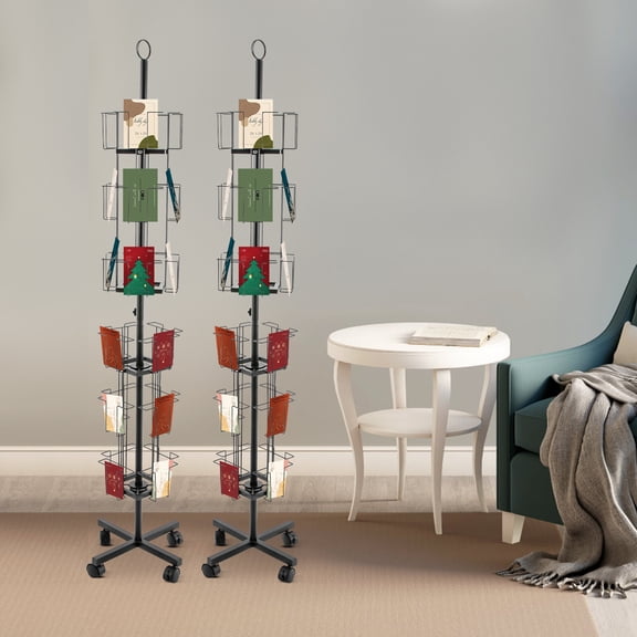 2x Greeting Cards Display Rack, 24 Pockets Rotating Postcard Brochure Display
