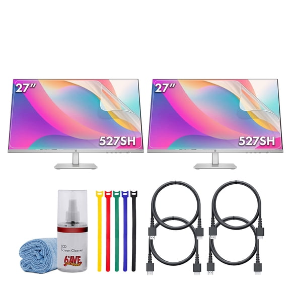 2x HP Series 5 27 inch FHD Height Adjust Monitor Bundle Including: 3x HDMI Cable, Surge Protector, Cable Ties, Screen Cleaning Kit, Screen Protector