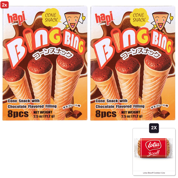 2x | Hapi Chocolate Flavored Filling Wafer Cone Snack, Artificially Flavored, 2.5 Ounces (Pack Of 3) & 2x Lotus Biscoff Cookies 0.2oz