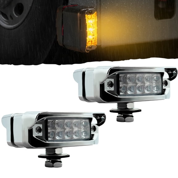 2x High Low Function Amber/Red 20 LED Marker Lights (Clear Lens) Turn Signal w/Visor Double Face Chrome Pedestal Lights Front Bumper Lights Replacement for Peterbilt/Kenworth/Freightliner Trucks 12V