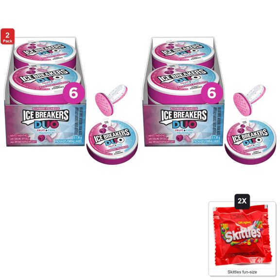 2x | Ice Breakers Duo Raspberry Mints, 1.5 oz. 6 Packs x 36 g Each, with 2 Skittles Fun Size