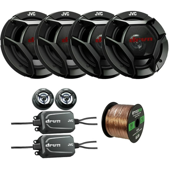 2x JVC CS-DR601C drvn DR Series 6.5" 2-Way 360 Watts Peak Power Car Audio Component Speakers, 2x 6.5" 2-Way Coaxial 300 Watts Max Power Vehicle Audio Speakers, 16 Gauge 50 Feet Speaker Wire