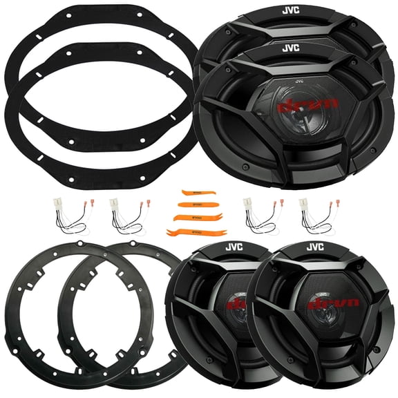 2x JVC CS-DR621 6.5" 300W Max 2-Way Coaxial Speakers W/2x Rear 6.5" Speaker Wire Wall Plate, 2x 6x9" 500W Max 3-Way Coaxial Speakers W/2x Front 6"x9" Speaker Plates, 4x Speaker Harness, Pry Tool Set